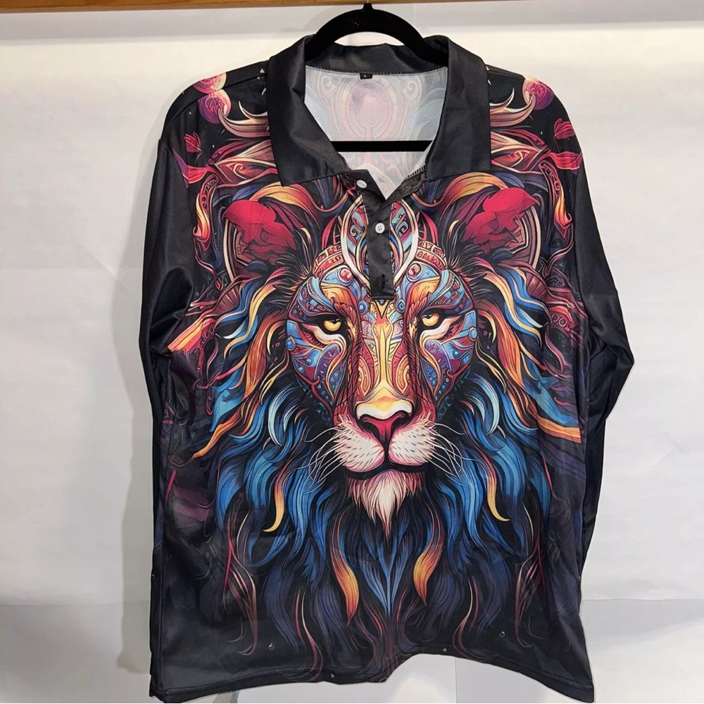Vibrant Double Sided Graphic Lion Golf, Rave, Cosplay Pullover Polo Size L